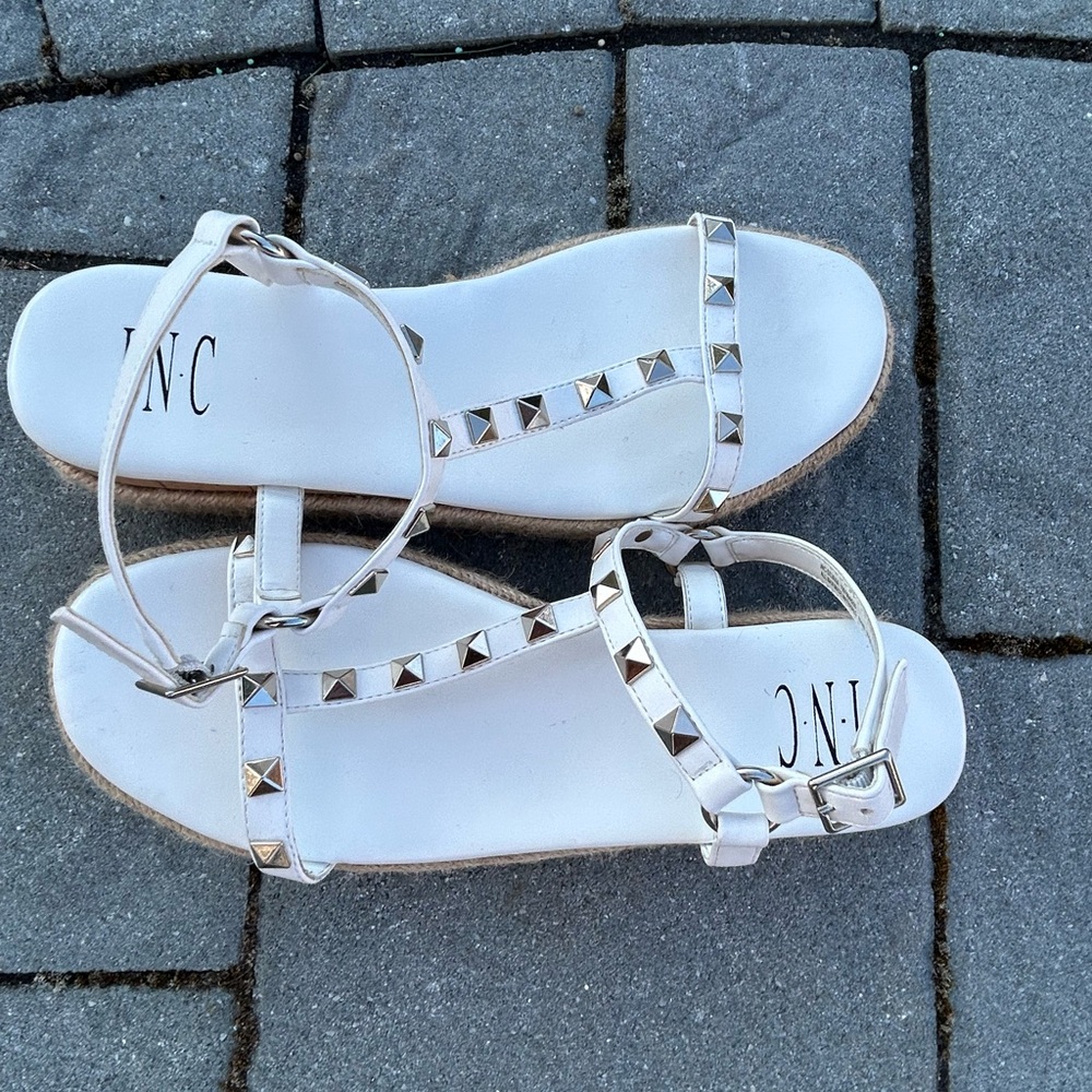 INC INTERNATIONAL Women's White Silvana Studded T-Strap Espadrille Sandals  8.5